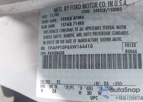 1999 Ford Escort Lx z USA, uszkodzony, nr VIN 1FAFP10P6XW164410